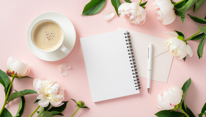 A spiral notebook and a white pen are arranged on a pink background surrounded by blooming peonies