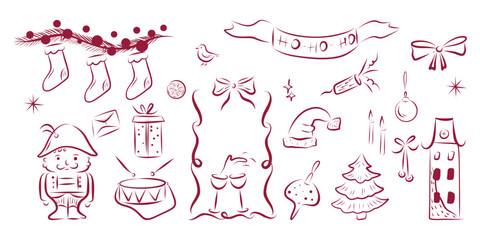 Red Festive Sketch Set, Red Christmas Icon Collection, Holiday Doodles 