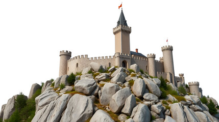 Medieval Castle over big rocks over white transparent background