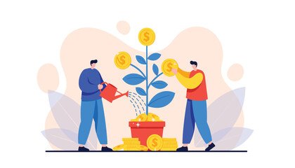 Fototapeta premium Vector art of two people watering and harvesting a money tree, symbolizing investment growth and financial success 