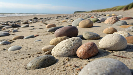 Summer scene on a pebble beach: sun-drenched rocks and sand stretching into the distance beneath a bright blue ocean sky.
