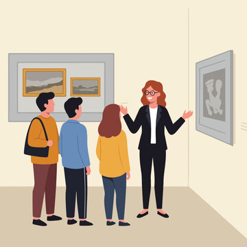 Group of people touring an art museum with a docent giving a tour