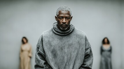 Portrait of man with woman blurred in background showing estrangement