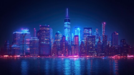 Fototapeta premium City skyline illuminated at night with vibrant neon lights