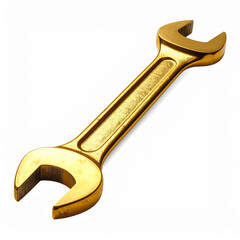 Single golden wrench isolated on white backdrop. Hand tool. Business work.