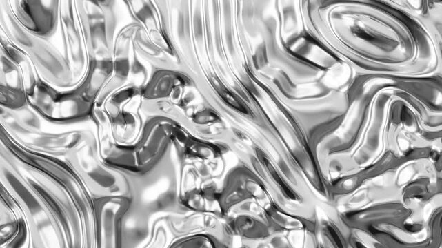 Abstract fluid texture of swirling liquid chrome metal waves with motion light effect. Seamless looping video. 4k psychedelic hypnotic graphics dynamic silver background