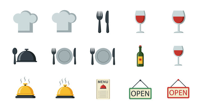 A grid of 12 flatdesign icons related to dining and restaurants