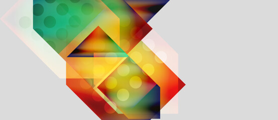 Abstract geometric shapes overlap. Vibrant colors blend, creating dynamic visual texture. Composition features layered squares, circles, gradients.