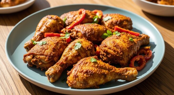 Roasted chicken drumsticks on a plate, garnished with red peppers and herbs