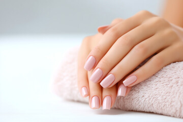 Naklejka premium Elegant manicure with a soft pink hue on delicate hands resting on a plush towel, showcasing a sophisticated and clean aesthetic.