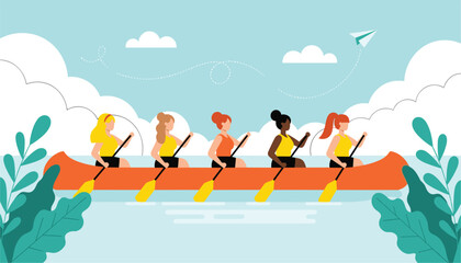 Vector art of group of five women rowing a canoe together on a calm river under a cloudy sky, symbolizing teamwork and outdoor recreation