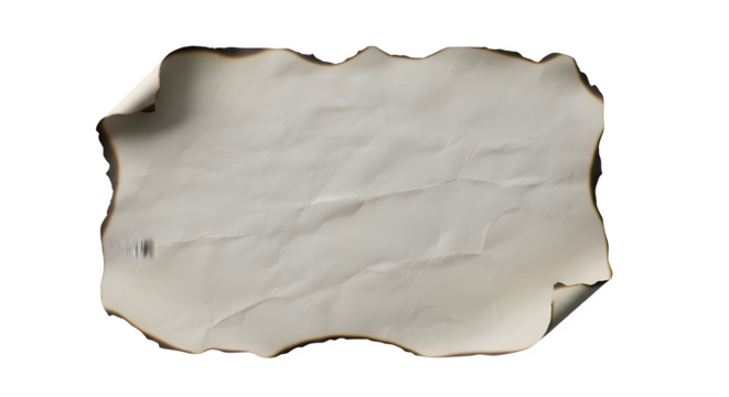 Aged and textured blank paper sheet with burnt edges, isolated on white, perfect for vintage messages or design elements