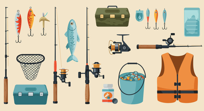 Collection of fishing gear including rods reels lures net tackle box and vest