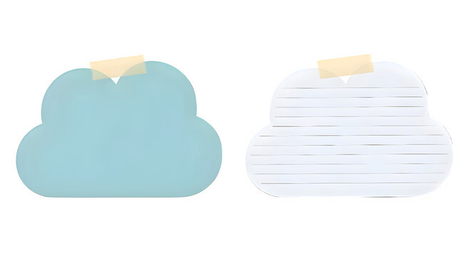 Charming cloud-shaped sticky notes, one light blue and one white lined, taped securely, ideal for reminders, ideas, or conceptualizing digital storage