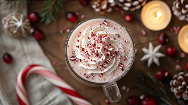 A festive cup of peppermint hot chocolate topped with whipped cream and crushed candy canes. Surrounded by pine branches, candles, and holiday decorations.