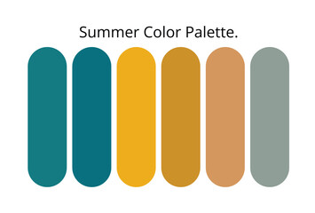 Summer color palette featuring teal, golden yellow, ocher, warm brown, peach, and soft gray shades, offering a modern stylish scheme for design, fashion, branding, decor, and creative inspiration.