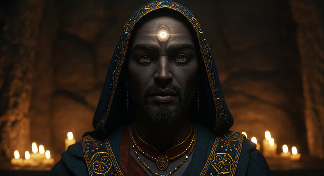 Man with third eye symbol in dark ritual setting