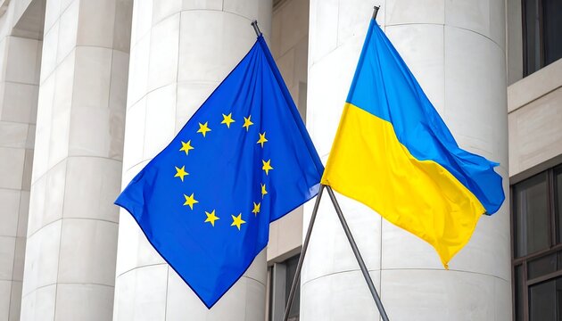 EU and Ukraine flags waving outside a classical building - Powered by Adobe