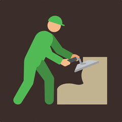 Green-suited figure smoothing a surface with a trowel on dark brown background