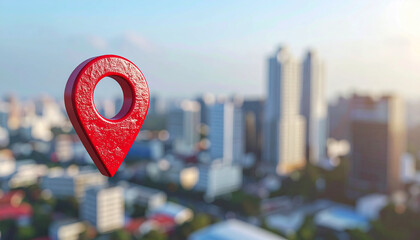 Red 3D location pin hovering above cityscape, modern skyline slightly blurred in background.