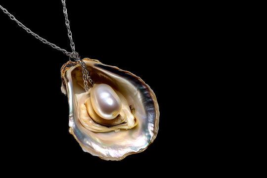 Elegant pearl pendant necklace featuring a luminous pearl cradled in a shimmering shell. Delicate silver chain. Isolated on a black background.