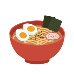 A bowl of ramen with eggs, seaweed, spiral kamaboko and green onions