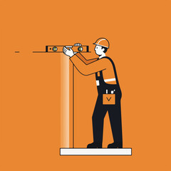 Builder uses level on wall; orange background, minimalistic illustration