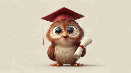 Fototapeta premium Animated owl in graduation cap holding diploma, set against a pale neutral background