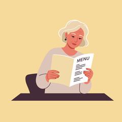 Elder woman reads menu at table in flat design illustration