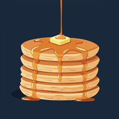 Stack of fluffy pancakes with dripping syrup and butter, on a dark background