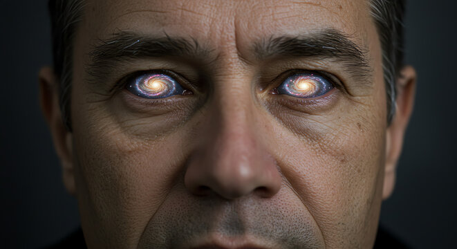 Man's eyes displaying galactic spiral nebulae