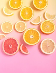 Slices of citrus fruits arranged on a pink and yellow gradient background