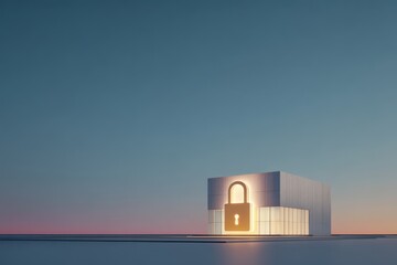 Isolated modern office building with a padlock icon symbolizing cybersecurity in business.
