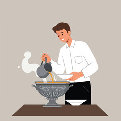 Man pouring soup into a bowl from ornate tureen, steaming on brown table