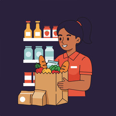 Smiling grocery worker with brown bag and shelves of food items behind