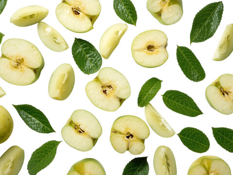 Freshly Sliced Ripe Green Apples Scattered on a Dark Background