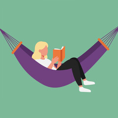 Relaxed lady reading in a purple hammock on a green background, simple illustration