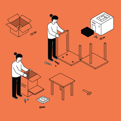 Two figures assemble furniture with boxes and tools on an orange background