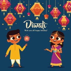 Festive Kids in Indian Traditional Dress for Diwali Celebration Lantern Background