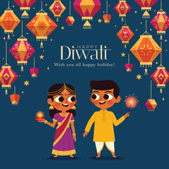 Festive Kids in Indian Traditional Dress for Diwali Celebration Lantern Background