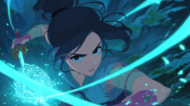 Animated female warrior with sword in dynamic pose and cyan energy swirling