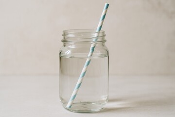 Clear glass mason jar filled with water and blue-and-white striped straw