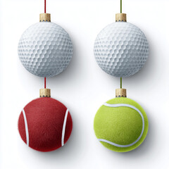  golf balls and 2 tennis balls themed as christmas hat