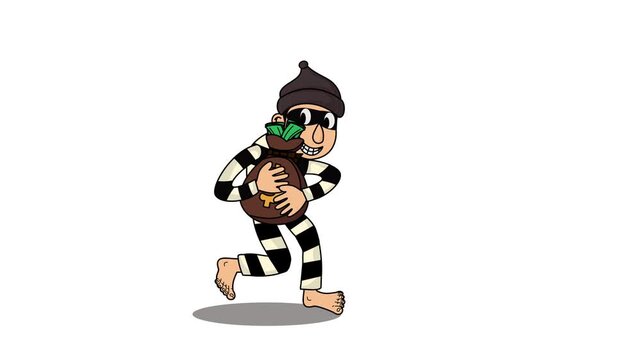 Cartoon Thief with Money Bag. Bank Robbery. cartoon thief. robber. money thief. criminal activity