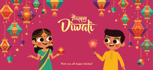 Festive Kids in Indian Traditional Dress for Diwali Celebration Lantern Background