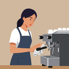 Barista wipes espresso machine