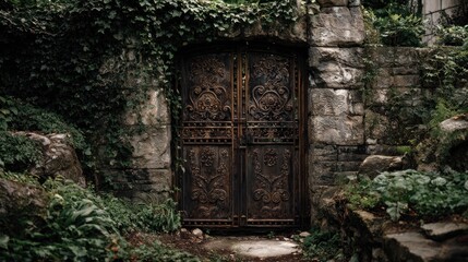 Ornate metal gates set into a stone wall, surrounded by lush green plants