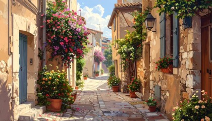 Fototapeta premium Charming European alleyway filled with flowers