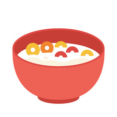 Red bowl filled with milk and colorful cereal rings