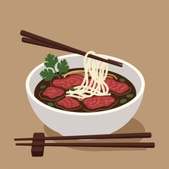 A vector bowl of beef noodle soup with chopsticks on a tan background